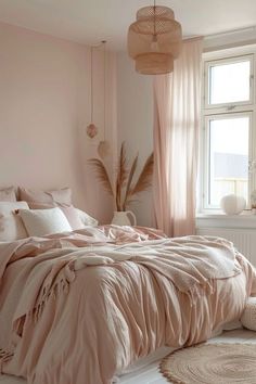 a bedroom with pink walls and bedding, rugs and pillows on the floor