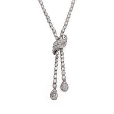 Elegant 3.00ct Diamond 14k White Gold Fancy Lariat Necklace LIQUIDATION! Elegant 3.00ct Diamond 14k White Gold Fancy Lariat Necklace LIQUIDATION! Description This is a beautiful double dangle lariat necklace, it is crafted from 14k white gold with a polished finish. The lower part of the necklace has a short length of prong set diamonds and the top are all polished bead links with a push in clasp and latch. The pendant has a double bar with two dangling strands, all set with diamonds, at the ver Lariat Necklace, Prong Setting, Diamonds, White Gold, Bar, Beads, Pendant, Gold, White