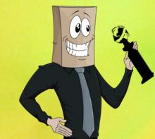 a cartoon character holding a black object in his hand