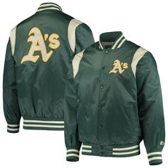 Men's Oakland Athletics Starter Green/Cream Vintage Varsity Satin Full-Snap Jacket Green Collegiate Outerwear For Winter, Green Collegiate Winter Outerwear, Collegiate Green Winter Outerwear, Collegiate Green Outerwear For Fall, Collegiate Cotton Outerwear For Spring, Long Sleeve Outerwear For Baseball Game Day, Spring Varsity Windbreaker For College, Throwback Long Sleeve Windbreaker For Fall, Fall Throwback Long Sleeve Windbreaker