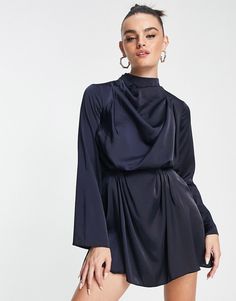 Dresses by ASOS DESIGN The kind of dress that deserves attention High neck Drape front Button placket to reverse Regular fit Long Sleeve Navy Dress, High Neck Mini Dress, Dress With Pleats, Mock Neck Long Sleeve, Pleated Bodice, Dressy Dresses, Navy Fashion, Blue Mini Dress, Satin Mini Dress