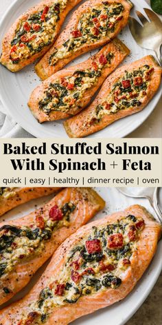 baked stuffed salmon with spinach and feta on a white plate next to a serving spoon