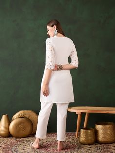 White Cotton Pant Suit with Designer Embroidery Work Processing Time : 7 Business Days Work : Designer Embroidery Work Fabric:Top : Cotton Bottom : Cotton Dupatta : NA Color:Top : White Bottom : White Dupatta : NA Women's Traditional & Ceremonial Clothing, Short Kurti, Ethnic Dress, Cotton Bottoms, Women Wedding Guest Dresses, Cotton Pants, Bollywood Fashion, Party Looks, Salwar Kameez