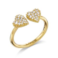 An 18k yellow gold & diamond ring with two spiked hearts side by side for a new spin on the classic 'moi et toi' design. The word 'love' is shown engraved inside the band of the ring designed by Ana-Katarina fine jewelry. Arrow Piercing, Dare To Love, Yellow Gold Dress, Love Dare, Signature Rings, Gold Ear Cuff, Love Deeply, Gold Diamond Ring, Engraved Items