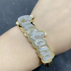 Material: Copper. Color: Gold. Chain Length: 5.5",6.5",7.5",8.5". Width: 8mm. Process: Gold plated. Recipient: Women, Men, Mom, Wife, Girl Friend, Boy Friend, Children, Family. Product Type: Jewelry. Gift Type: Bracelet. Occasions: Valentine's Day, Mother's Day, Father's Day, Christmas, Birthday, etc. Bracelet Type: Name Bracelet. Brand: Silviax Jewelry. Customized Silver Metal Name Bracelet, Silver Metal Name Bracelets, Silver Metal Bracelets With Name Detail, Silver Nameplate Bracelet, Silver Metal Nameplate Bracelet, Gold Stainless Steel Bracelets With Custom Name, Silver Name Bracelet In Metal, Silver Metal Name Bracelet, Silver Custom Name Bangle Bracelet