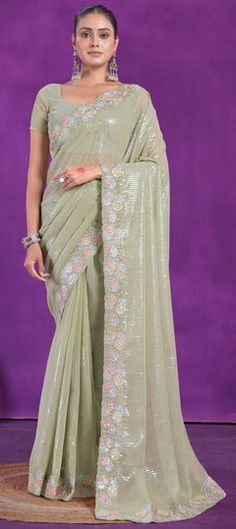 Green color Saree in Shimmer fabric with Embroidered, Sequence, Thread work Green Festive Saree For Spring, Pista Green Embroidered Fabric With Zari Work For Party, Festive Spring Saree With Zari Work, Pista Green Floral Embroidered Party Dupatta, Festive Spring Georgette Saree, Spring Festive Bollywood Saree, Pista Green Resham Embroidered Fabric For Party, Spring Festive Saree With Resham Embroidery, Spring Festive Resham Embroidered Saree