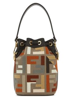 Exterior: 64% Viscose 20% Polyester 16% Cotton 100% CalfLining: 100% FabricFinishing: Golden metal | Fendi Women's Embroidered Fabric And Leather Mini Mon Tresor Bucket Bag | FW23/24 Embroidered Fabric, Leather Mini, Luxury Retail, Italian Fashion, Leather Handle, Luxury Boutique, Calf Leather, Luxury Branding, Designer Shoes