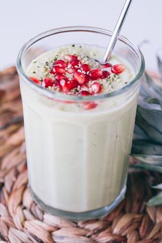 a glass with some food in it on a table