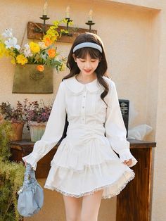 Fabric: polyester Cute White Blouse With Lace Collar, White Feminine Dress With Ruffled Collar, Cute White Blouse With Doll Collar, White Blouse With Doll Collar In Cute Style, White Fitted Cute Blouse, Cute Fitted White Blouse, White Dress With Ruffles And Peter Pan Collar, Spring Cream Blouse With Doll Collar, Cute White Dress With Peter Pan Collar