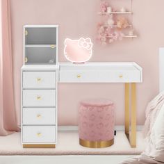 a pink bedroom with hello kitty furniture and accessories