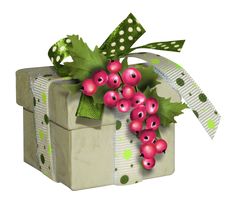 a present box with pink berries and green leaves on it's side, wrapped in polka dot ribbon