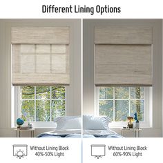 two windows with different shades in them and the same window coverings on each side