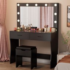 a vanity table with lights on it in front of a window and a pink curtain