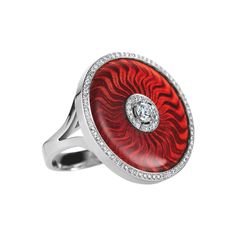 Victor Mayer Opera Light Red Enamel Ring 18k White Gold/Yellow Gold with Diamonds Ring Opera, 18k WG/YG, vitreous enamel, 92 diamonds total 0.37 ct, G VS brilliant cut Reference: V1425/HR/00/00/109 Description: 18k white gold/yellow gold Vitreous enamel: light red Diamonds: 92 diamonds total 0.37 ct, G VS brilliant cut Measurements: Ring head Ø app. 22.3 mm Edition limited to: 50 pieces We offer this piece of jewellery in yellow, white and rose gold as well as a large selection of other enamel c Fancy Yellow Diamond Ring, Pink Gold Rings, Yellow Sapphire Rings, Vitreous Enamel, Yellow Diamond Rings, Fancy Yellow Diamond, Red Diamond, 18k Gold Ring, 18k Yellow Gold Ring