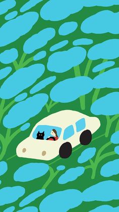 a car with a cat in the front driving through water lilies, and it's reflection is on the ground