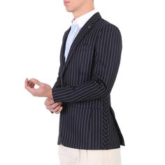 Make a striking first impression with this versatile Burberry pinstripe blazer. Its navy and white stripes add sharp contrast alongside button details. A timeless jacket meant for your Instagram feed, featuring front flap pockets to house your phone. Crafted from luxurious 100% wool in Italy, its premium fabric ensures lasting style whether you dress it up or down. Elevate any outfit with this classic piece proudly flaunting Burberry's signature check pocket square. Semi-formal Striped Outerwear With Welt Pockets, Striped Semi-formal Outerwear With Welt Pockets, Formal Striped Outerwear With Welt Pockets, Luxury Pinstripe Blazer For Semi-formal Occasions, Business Blazer With Vertical Stripes And Long Sleeves, Formal Pinstripe Blazer With Welt Pockets, Tailored Pinstripe Blazer With Lapel Collar, Pinstripe Blazer With Welt Pockets For Formal Occasions, Striped Blazer With Suit Collar For Business Casual