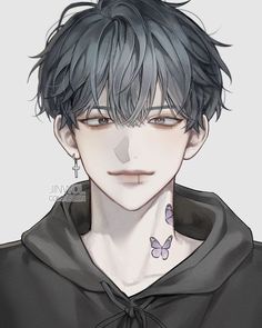 an anime boy with black hair wearing a hoodie and butterfly tattoos on his neck