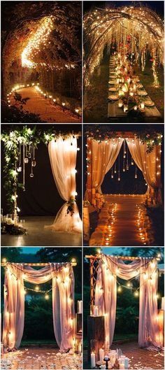 wedding decorations and lights in different stages of being lit up for the night time ceremony