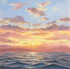 a painting of the sun setting over the ocean with clouds in the sky and water below