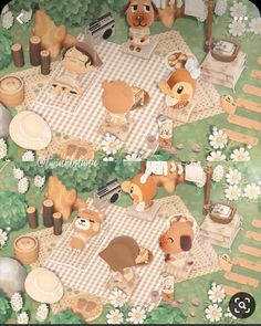 two pictures of the same animal on a picnic table with flowers and other things around it