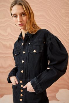 The Cosette Jacket - Noir Wash Black Cropped Denim Jacket - Ulla Johnson 23 Runway, Nyc Boutiques, Spiral Shell, Short Loungewear, Winter 23, Button Style, Denim Collection, Cropped Denim Jacket, Knitted Coat