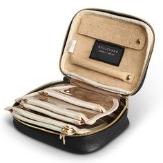 Made of Italian full-grain leather, this high-quality jewelry travel case features a ring strap and an earring strap that holds six pairs of earrings. A bottom section has a six-necklace organizer to keep them protected and untangled. Personalize with two letters. 7 ½" x 5 ½" x 2" h. Jewelry Travel Case, Necklace Organizer, Travel Jewelry Case, Leather Products, Travel Jewelry, Crete, Travel Case, Travel Gifts, High Quality Jewelry