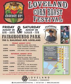 the poster for loveland corn roast festival, featuring information about its location and locations