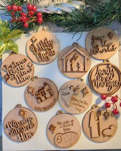 twelve wooden christmas ornament ornaments on a table