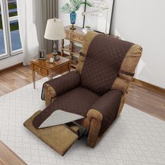 a living room with a recliner chair covered in a quilted cover and an ottoman