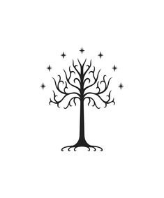 a black and white drawing of a tree with stars in the branches, on a white background