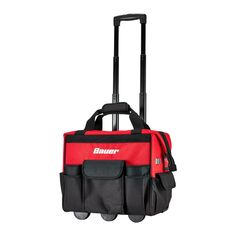 a red and black tool bag with wheels