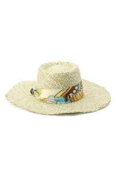 This eye-catching straw hat is charmed with a vibrant floral-printed satin band for a style that will complement both pool or beach looks. Paper straw/textile Spot clean Imported Beachwear Hat For Spring Travel, Summer Travel Hat Made Of Palm Leaf, Spring Travel Sun Hat Made Of Palm Leaf, Spring Travel Beachwear Hat, Summer Cream Hat Band For Vacation, Cream Panama Hat For Beach Season, Cream Panama Hat For Beach Vacation, Cream Panama Hat For Beach Season Vacation, Summer Vacation Cream Hat Band