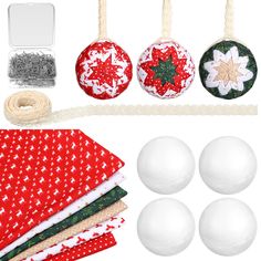 christmas baubles and decorations are displayed on a white background