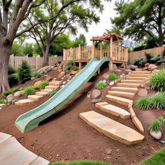 25 Sloped Backyard Ideas on A Budget - Suite 101 2 Tier Backyard Landscaping Ideas, Backyard Slope Playground, Outdoor Play Areas On A Hill, Outdoor Patio Ideas On A Hill, Slide On Sloped Yard, Landscaping Hill Side Of House, 3 Level Backyard Ideas, Landscape Design Sloped Yard, Underground Shed