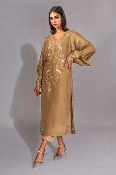 Golden brown kaftan with sequin, zari floral pattern hand embroidery. Comes with matching trouser. - Aza Fashions Designer Hand Embellished Straight Kurta, Semi-stitched Hand Embellished Kurta For Diwali, Unstitched Hand Embellished Kurta For Festive Occasions, Hand Embellished Unstitched Kurta With Traditional Drape, Hand Embellished Straight Kurta For Eid, Festive Hand Embellished Unstitched Suit, Traditional Hand Embellished Straight Kurta Salwar Kameez, Bollywood Style Hand Embellished Kurta For Eid, Unstitched Hand Embellished Kurta For Festivals