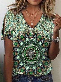 Product Title :Casual V Neck Loose Ethnic T-Shirt Product Measurements cm Size US Waist Bust Hip S 6-8 70-74 88-92 96-100 M 10 75-78 93-96 101-104 L 12 79-84 97-102 105-110 XL 14 85-90 103-108 111-116 XXL 16 91-96 109-114 117-122 Product Details Clothes Length:Regular Sleeve Length:Short sleeve Edition type:Loose Elasticity:No Elasticity Silhouette:H-Line Thickness:Lightweight Size Type:Regular Size Neckline:V neck Activity:Daily Material:Jersey Pattern:Ethnic Style:Casual Theme:Summer Color:Gre Bohemian Multicolor V-neck T-shirt, Bohemian Short Sleeve Patterned Tops, Bohemian Patterned Short Sleeve Tops, Casual Top With Pattern Prints For Summer, Bohemian Printed Short Sleeve Tops, Bohemian Multicolor T-shirt For Vacation, Bohemian Multicolor Print Short Sleeve T-shirt, Casual Geometric Pattern Tops For Vacation, Casual Festival Tops With Colorful Pattern