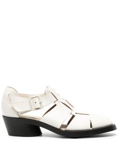 white leather smooth grain two-tone design cut-out detailing buckle-fastening ankle strap pointed toe branded leather insole low block heel rubber sole Low Block Heels, White Leather, Women's Shoes Sandals, Leather Sandals, Block Heels, Ankle Strap, Rubber Sole, Two Tone, Shoes Sandals