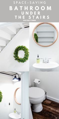 the bathroom is decorated in white and has green wreaths on the wall above the toilet