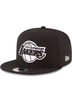 Wear your Lakers style with pride in this Los Angeles Lakers New Era Black 9FIFTY Snapback Hat! This LA Lakers Snapback Hat features a front embroidered team logo on a structured polyester crown with adjustable snap closure and flat visor. Go Lakers! Team logo embroidered on the front, New Era flag embroidered on the left side, Plastic snap closure to dial in the perfect fit, Structured crown, Polyester woven material, Flat visor, Polyester, Wipe clean with cloth or cleaning kit, Imported Classic Black Snapback Hat For Sports Events, Classic Black Hat With Letter Print, Adjustable Black Hats For Sports Events, Black Hat With Embroidered Logo And Short Brim, Black Fitted Hat With Letter Print And Flat Brim, Casual Black Fitted Hat With Letter Print, Black Short Brim Hat With Embroidered Logo, Classic Black Baseball Cap For Fans, Black Baseball Cap With Embroidered Logo And Short Brim