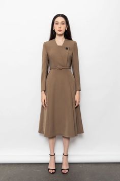 Formal Outfits For Women Office Wear, Fit And Flare Dress Formal, Brown Dresses Outfit, Business Professional Dress, Gown Suit, Mean Blvd, Office Wear Women, Round Neck Dress, Brown Tone