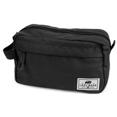 a black bag with the label lazy bear on it's front pocket and zippered closure