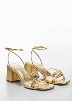 Strappy heeled sandals -  Women | Mango USA Gold Block Heels, Mango Outlet, Buckled Heels, Strappy Sandals Heels, Swag Shoes, Ankle Bracelet, Gold Heels, Ankle Bracelets, Heeled Sandals