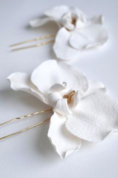 two white flowers with gold bobby pins on them