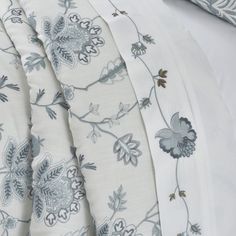 the comforter is white and has blue flowers on it