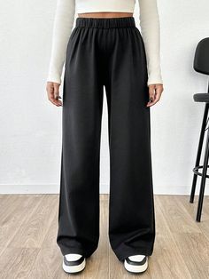 Women Solid Color Mid Waist Straight Pants Black    Knitted Fabric Plain Straight Leg Non-Stretch  Women Clothing, size features are:Bust: ,Length: ,Sleeve Length: Wide Leg Sweatpants, Loose Knit Sweaters, Legging Sport, Inspiration Mode, Straight Pants, Black Knit, Pants Black, Maternity Bag, Colorful Leggings