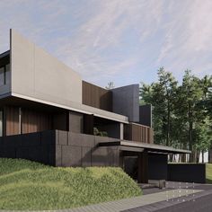 an artist's rendering of a modern house on a hill with trees in the background