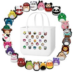 a white bag with lots of small cartoon characters on the front and side, all in different colors