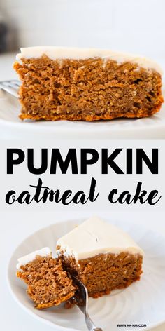 two slices of pumpkin oatmeal cake on white plates