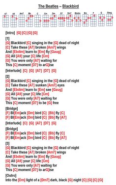 the beatles's blackbird guitar chords are arranged in red, white and blue