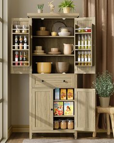 an open cabinet with spices and condiments in it next to a small potted plant